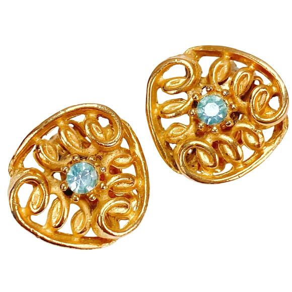 Vintage Mid Century Gold Tone Clip On Earrings Blue Rhinestone 1950s 1960s - Picture 1 of 10